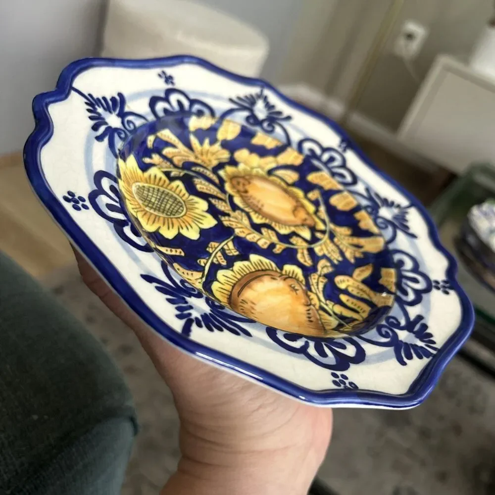 I. Godinger & Co Italian VTG Cobalt Yellow Flower Hand Painted 7